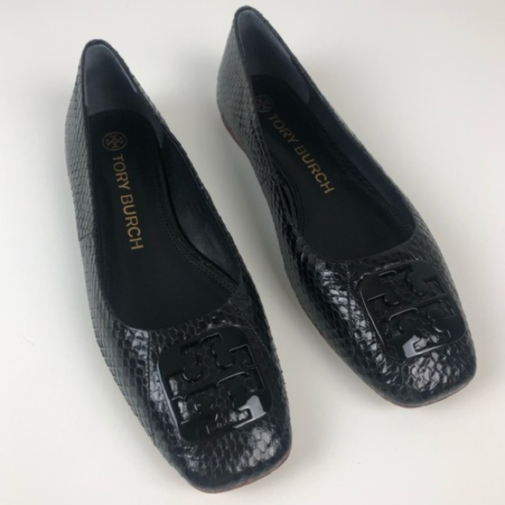 Tory Burch Georgia Black Snake Print Leather Square Toe Ballet Flats Size 9 1/2 - Picture 2 of 12